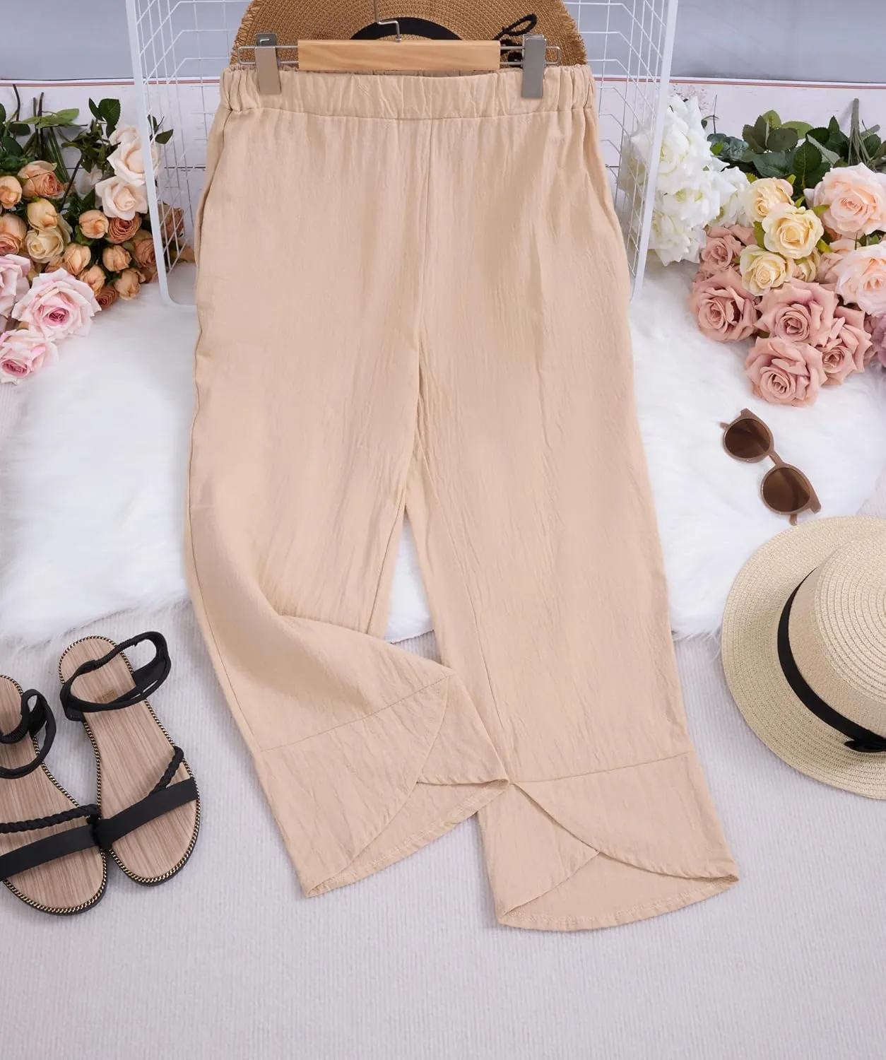 Capris Pants for Women Cotton Linen Baggy Wide Leg Pants Casual Elastic Waisted Palazzo Plus Size Pants with Pockets