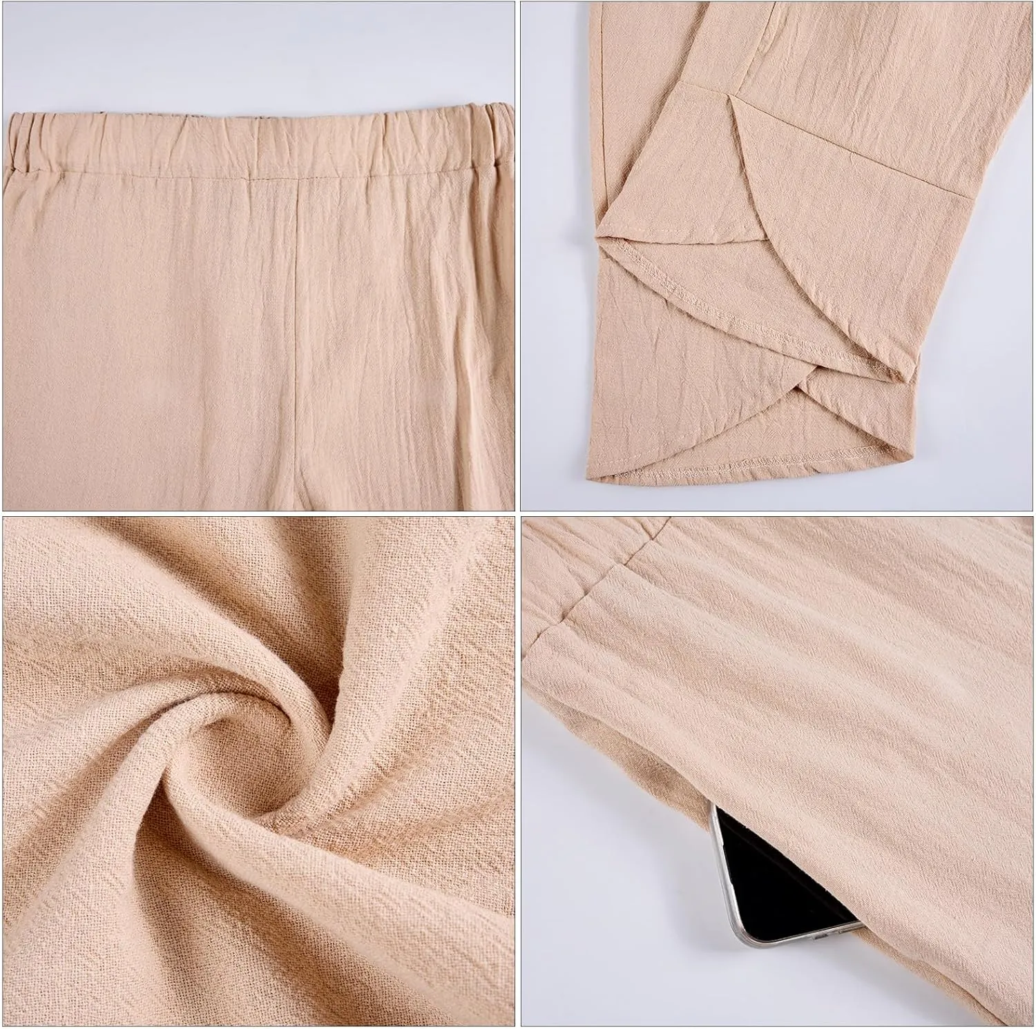 Capris Pants for Women Cotton Linen Baggy Wide Leg Pants Casual Elastic Waisted Palazzo Plus Size Pants with Pockets