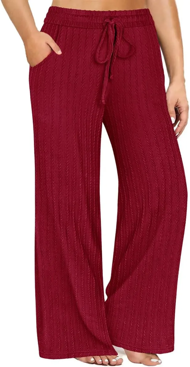 CARCOS Plus Size Pants for Women Cable Knit Lounge Pants Elastic High Waist Palazzo Pants Casual Wide Leg Pants with Pockets