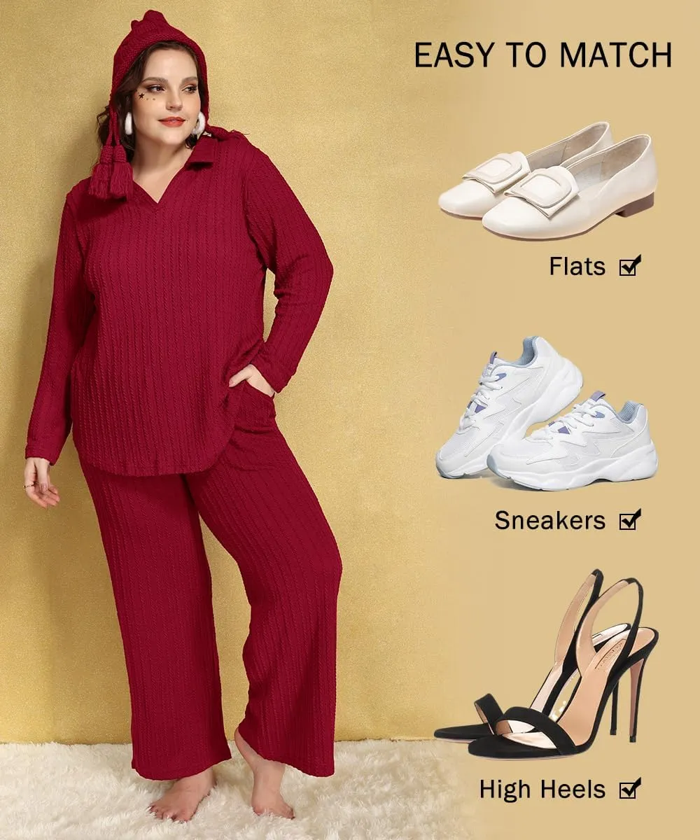 CARCOS Plus Size Pants for Women Cable Knit Lounge Pants Elastic High Waist Palazzo Pants Casual Wide Leg Pants with Pockets