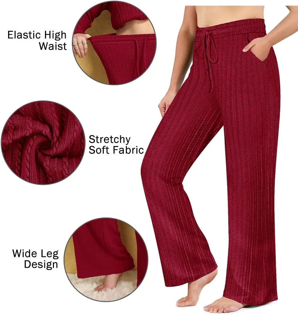 CARCOS Plus Size Pants for Women Cable Knit Lounge Pants Elastic High Waist Palazzo Pants Casual Wide Leg Pants with Pockets