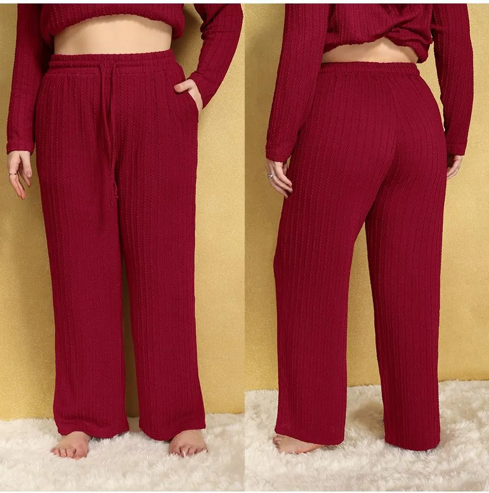CARCOS Plus Size Pants for Women Cable Knit Lounge Pants Elastic High Waist Palazzo Pants Casual Wide Leg Pants with Pockets