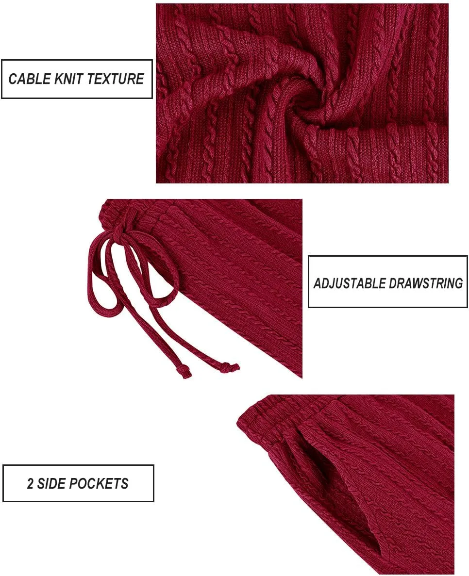 CARCOS Plus Size Pants for Women Cable Knit Lounge Pants Elastic High Waist Palazzo Pants Casual Wide Leg Pants with Pockets