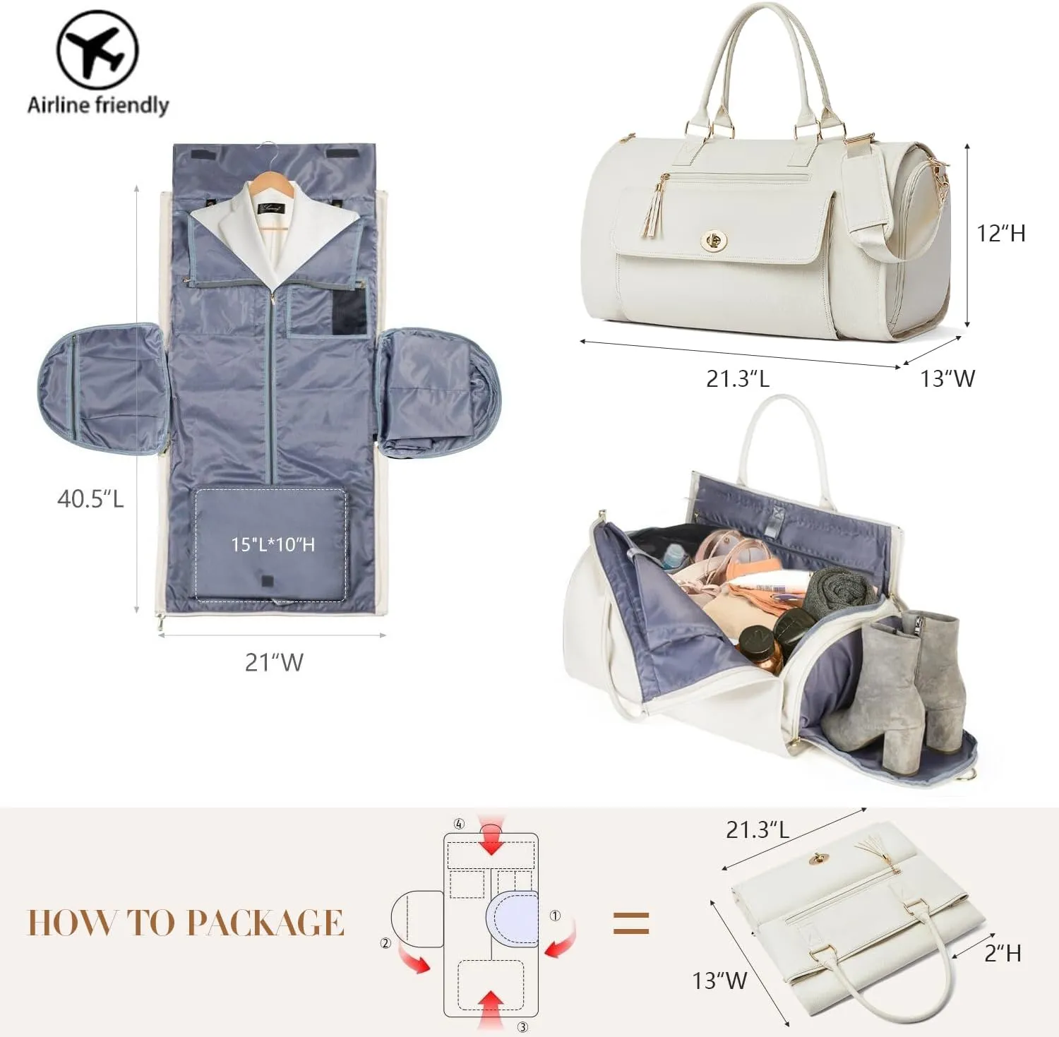 Carry on Garment Duffle Bag for Travel, 2 in 1 Hanging Suitcase Suit Bag for Women, Garment Bag Duffle Bag Combo with Shoe Pouch, Gifts for Women (A-Beige)