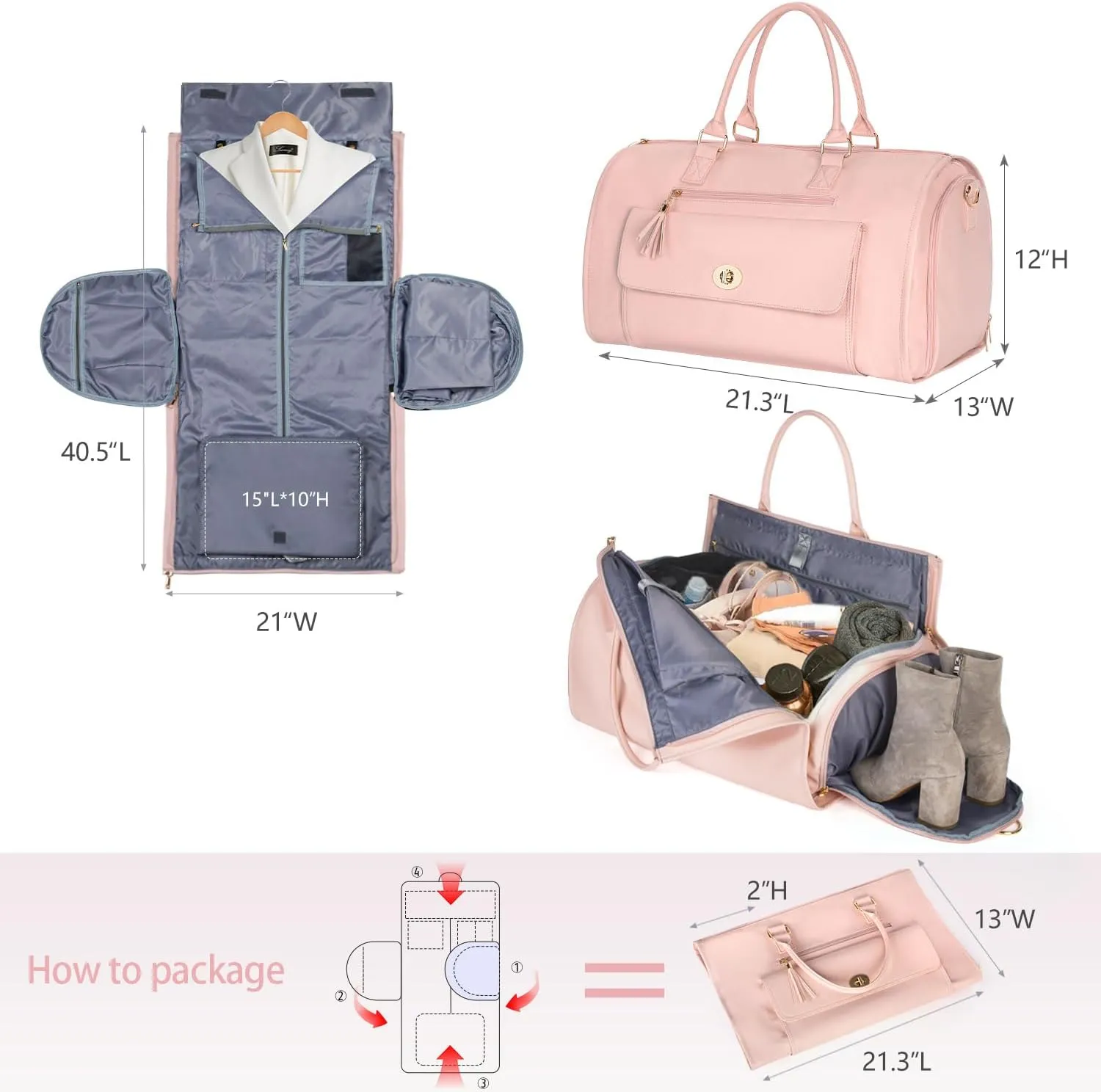 Carry on Garment Duffle Bag for Travel, 2 in 1 Hanging Suitcase Suit Bag for Women, Garment Bag Duffle Bag Combo with Shoe Pouch, Gifts for Women (A-Pink)