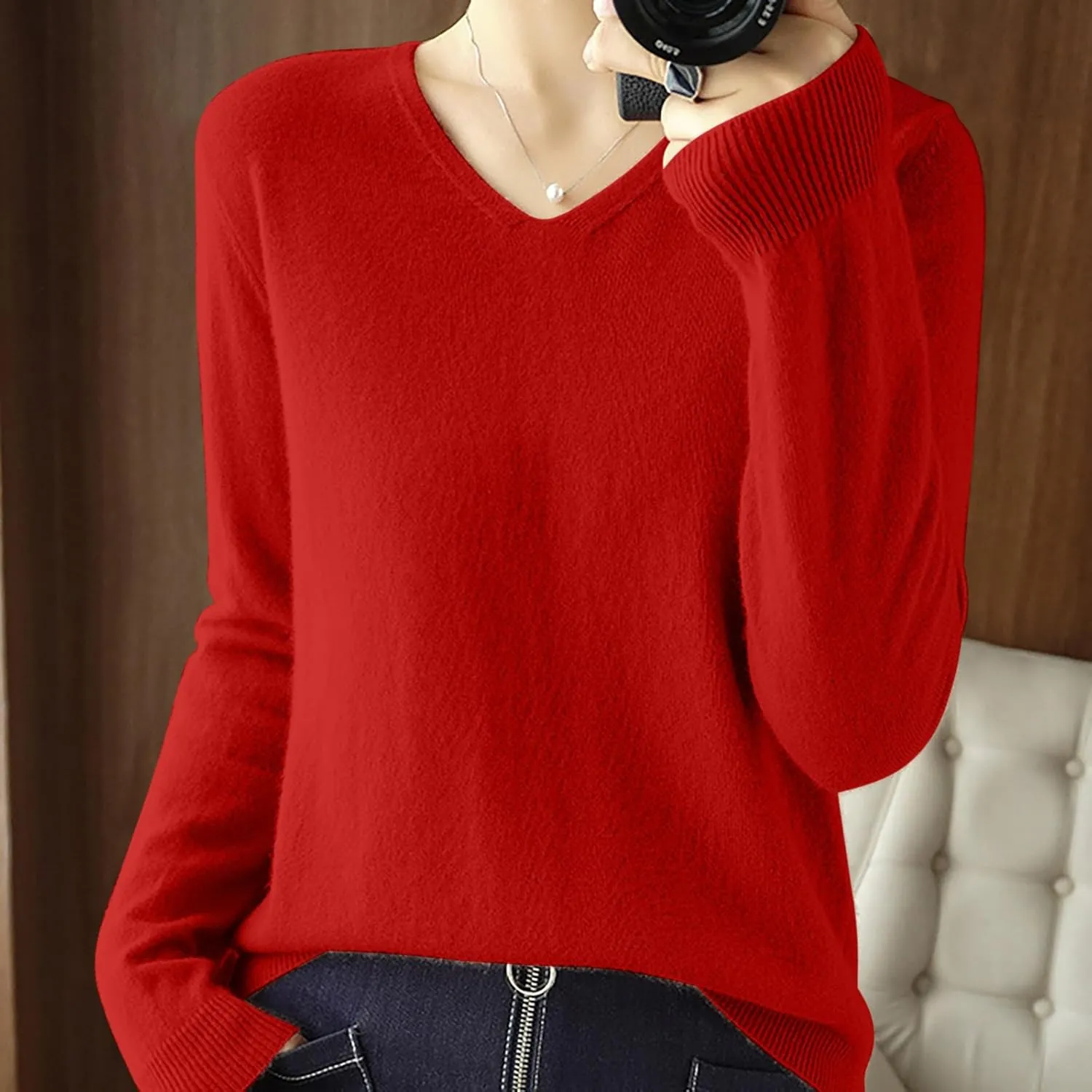 Cashmere Sweaters for Women Warm Cozy Long Sleeve v Neck Knit Pullover Sweater Casual Loose Soft Basic Jumper Tops