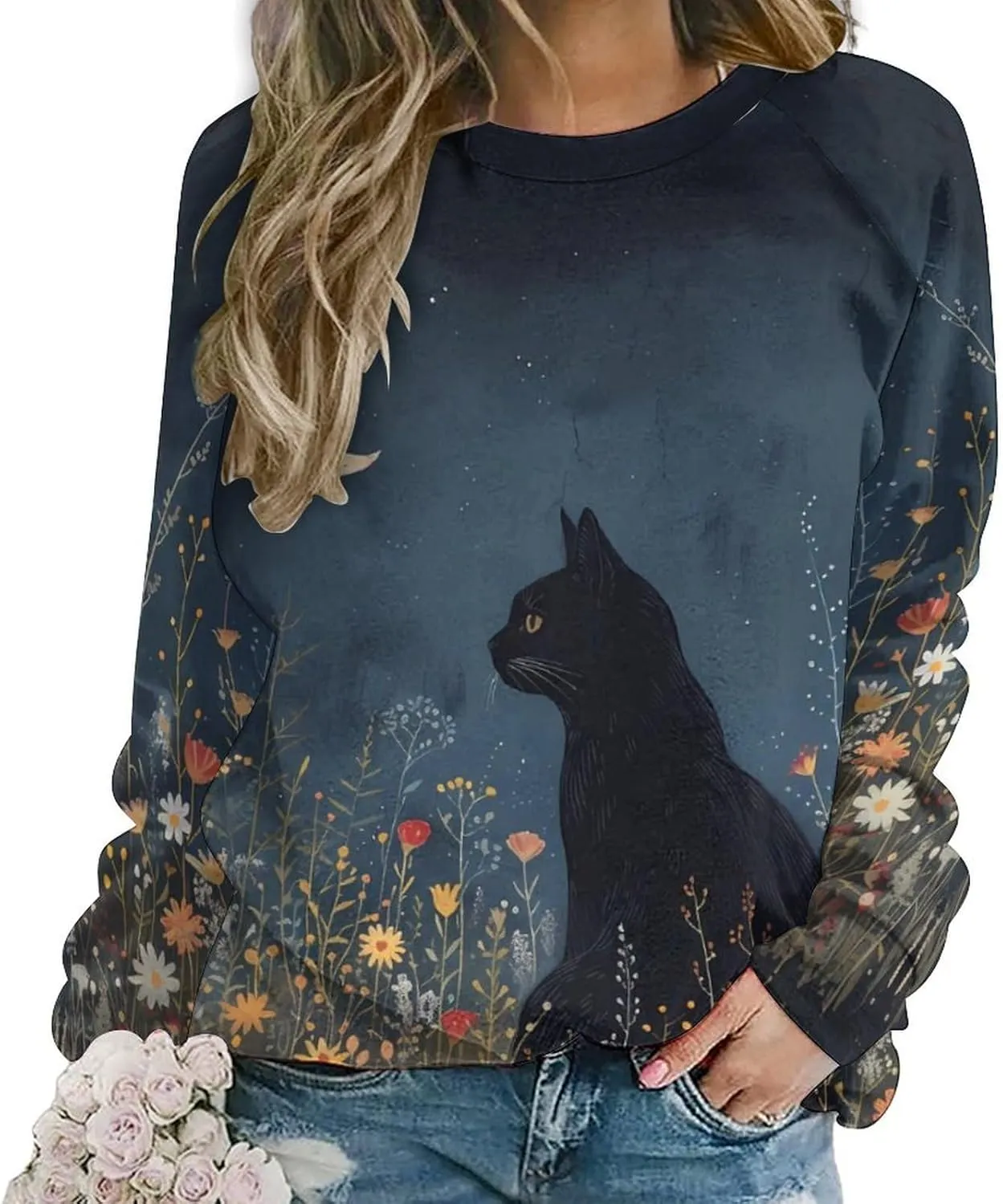 Cat Sweatshirts for Women Funny Long Sleeve Cute Cat Tee Shirts Graphic Womens Crew Neck Sweatshirt Pullover Tops
