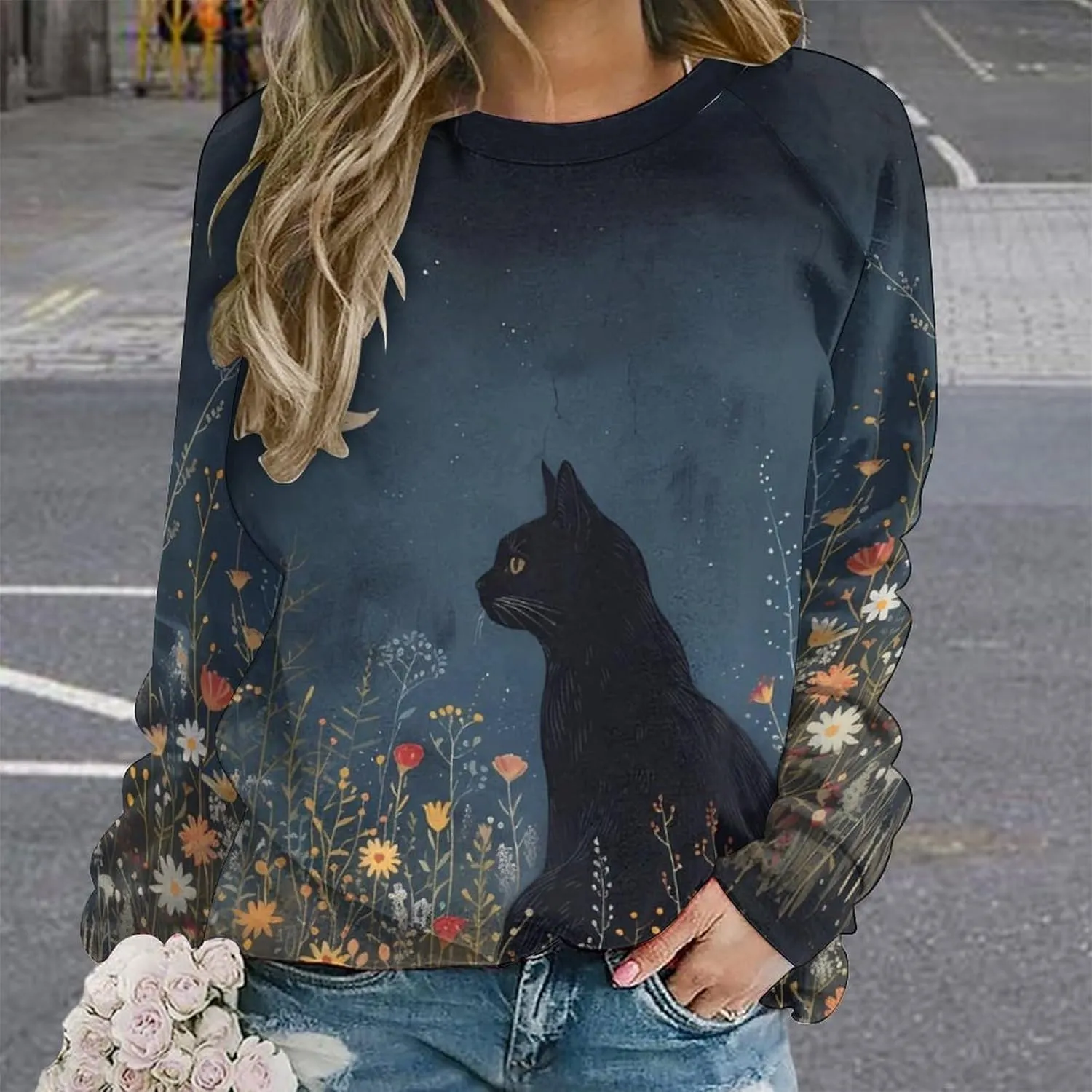 Cat Sweatshirts for Women Funny Long Sleeve Cute Cat Tee Shirts Graphic Womens Crew Neck Sweatshirt Pullover Tops