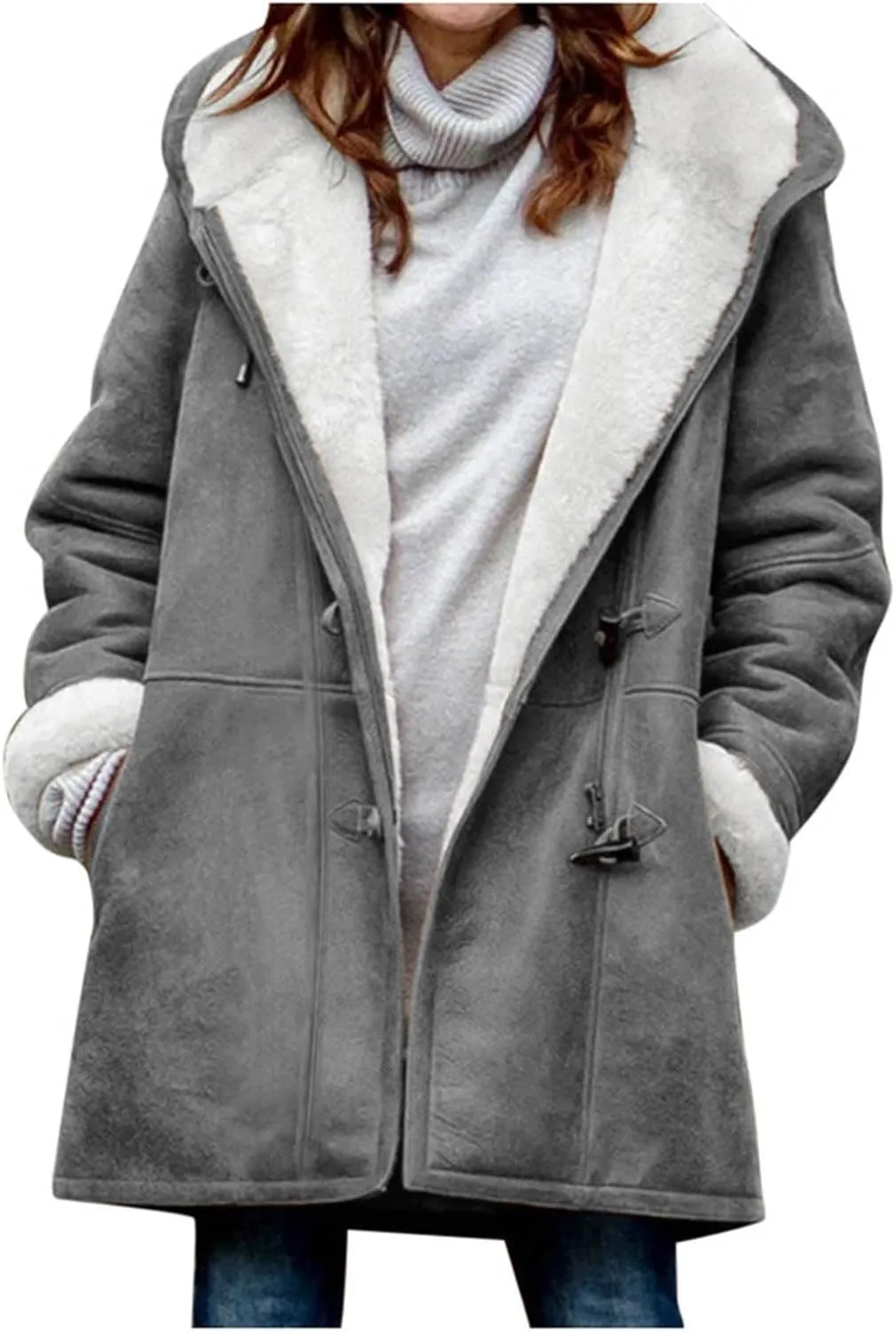 Cbcbtwo Women Fuzzy Fleece Hoodie Jackets Plus Size Full Zip Up Sherpa Lined Outerwear Faux Suede Winter Thicken Parka Jacket