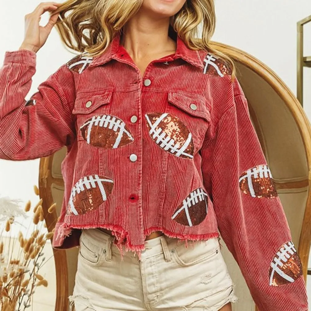 chouyatou Women Fall Sequin Rugby Distressed Corduroy Jacket Lightweight Frayed Oversized Denim Jacket
