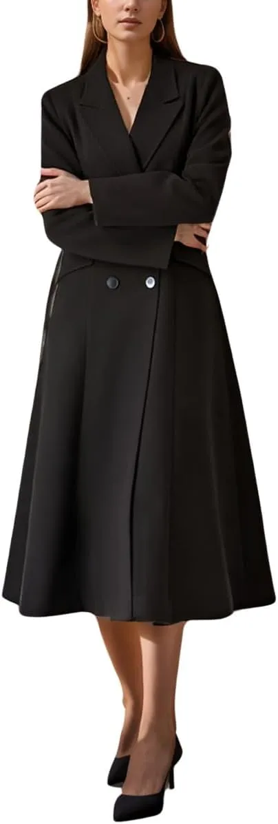 chouyatou Women's Double Breasted Midi Long Wool Notch Lapel Woolen Winter Trench Coat Overcoat