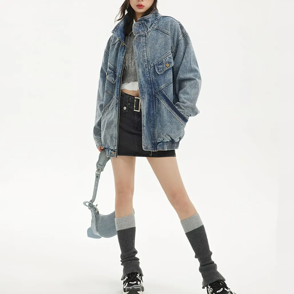 chouyatou Women's Oversized Stand Collar Shacket Jean Jacket Zip Up Distressed Frayed Denim Jacket Coat