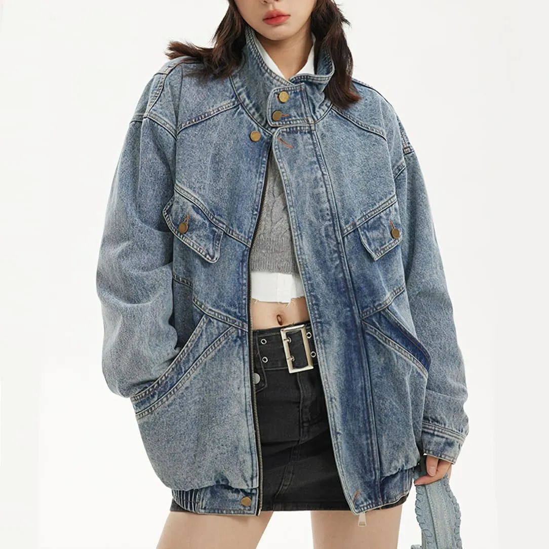 chouyatou Women's Oversized Stand Collar Shacket Jean Jacket Zip Up Distressed Frayed Denim Jacket Coat
