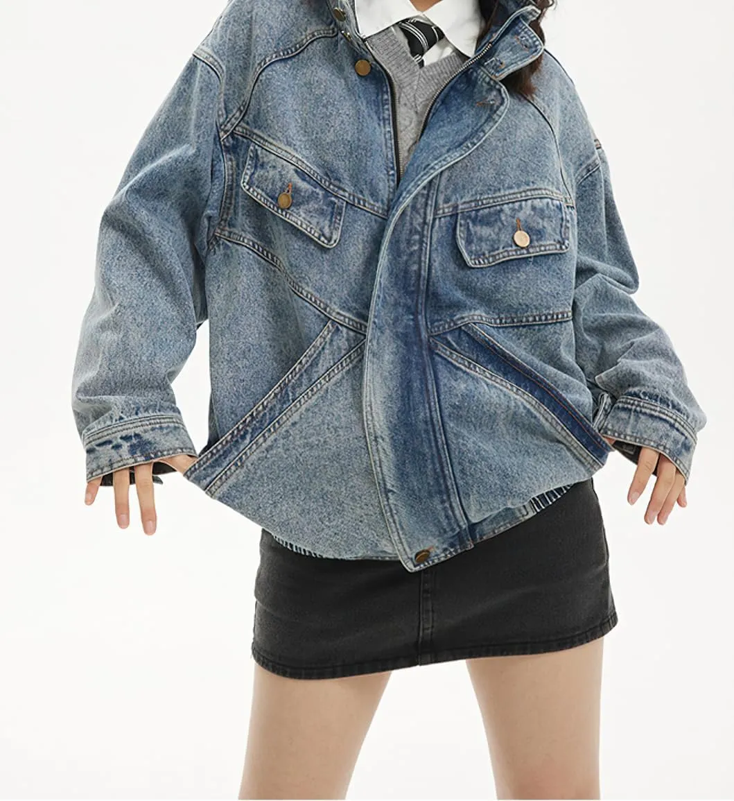 chouyatou Women's Oversized Stand Collar Shacket Jean Jacket Zip Up Distressed Frayed Denim Jacket Coat
