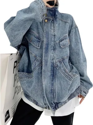 chouyatou Women's Oversized Stand Collar Shacket Jean Jacket Zip Up Distressed Frayed Denim Jacket Coat