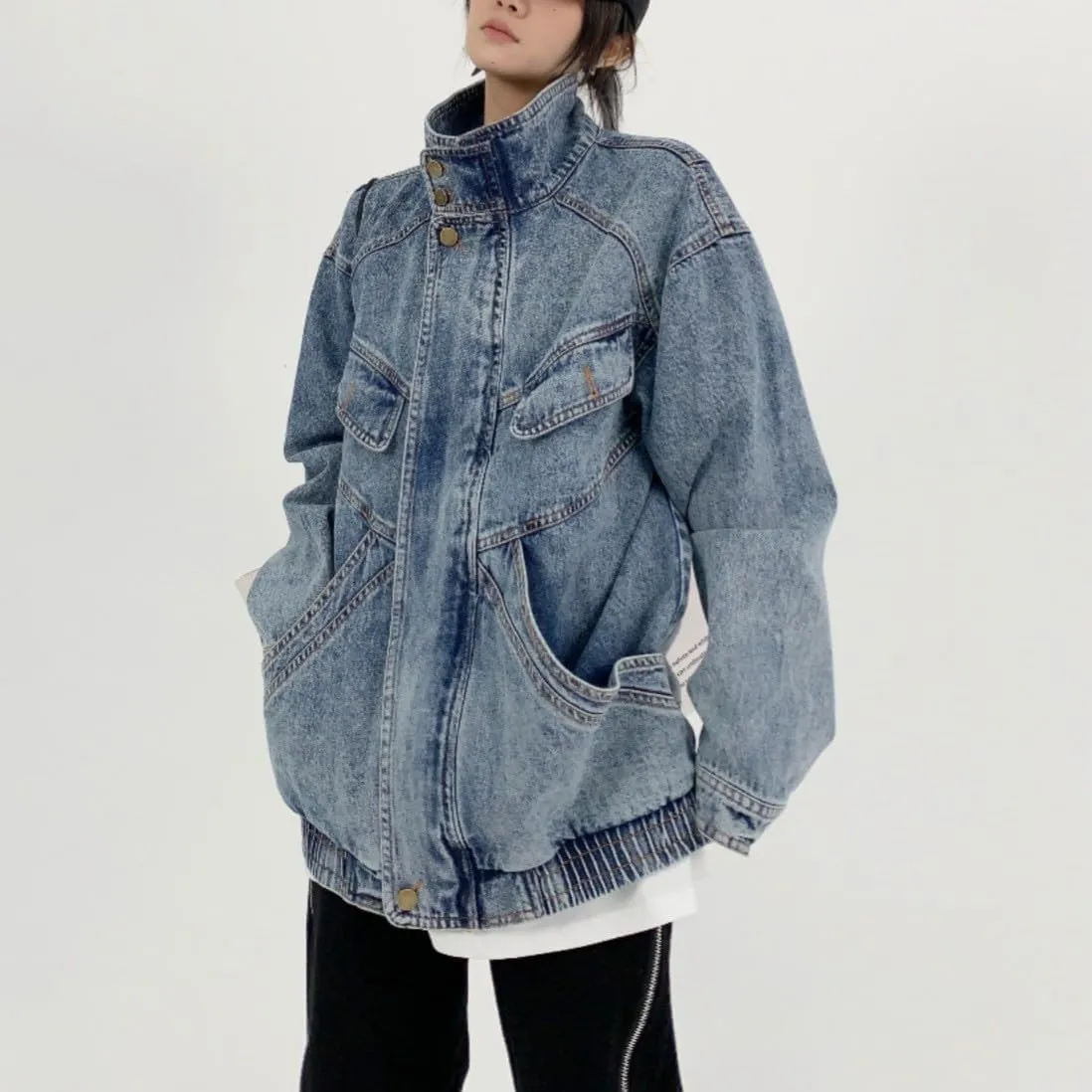 chouyatou Women's Oversized Stand Collar Shacket Jean Jacket Zip Up Distressed Frayed Denim Jacket Coat