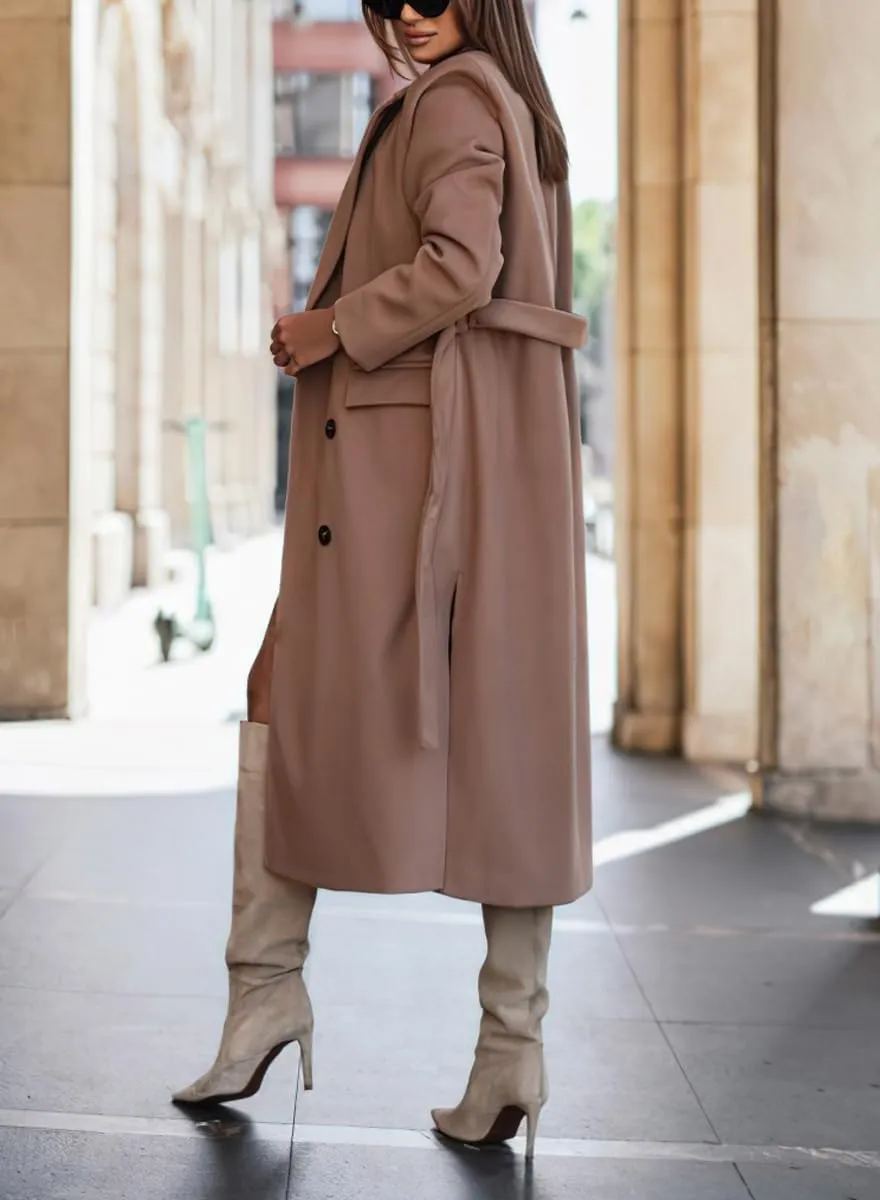 chouyatou Women's Winter Notch Lapel Wool Coat Double Breasted Business Casual Midi Long Woolen Trench Coat
