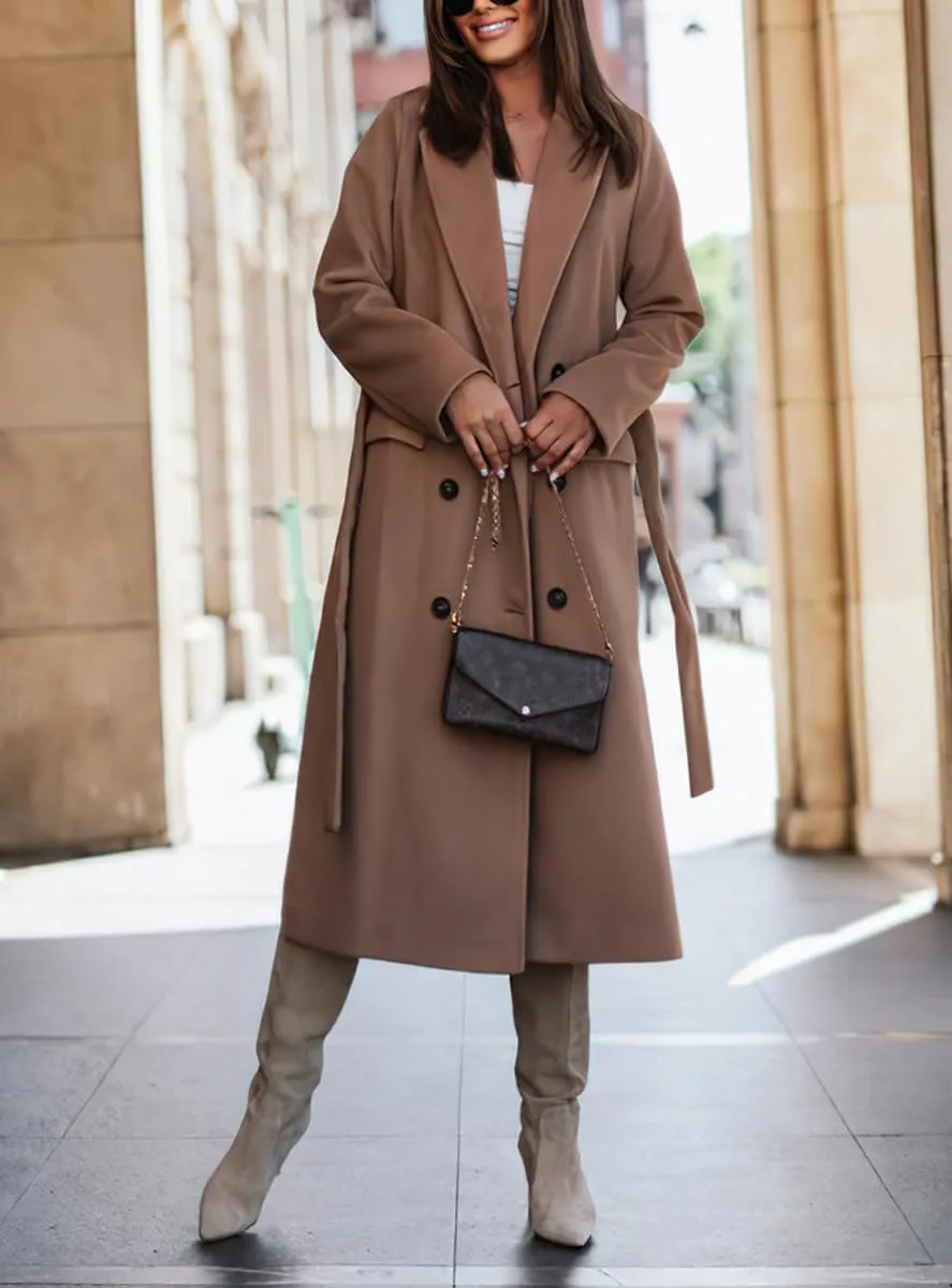 chouyatou Women's Winter Notch Lapel Wool Coat Double Breasted Business Casual Midi Long Woolen Trench Coat