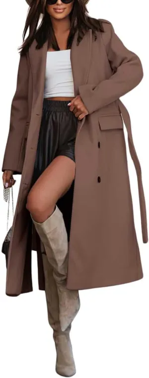 chouyatou Women's Winter Notch Lapel Wool Coat Double Breasted Business Casual Midi Long Woolen Trench Coat