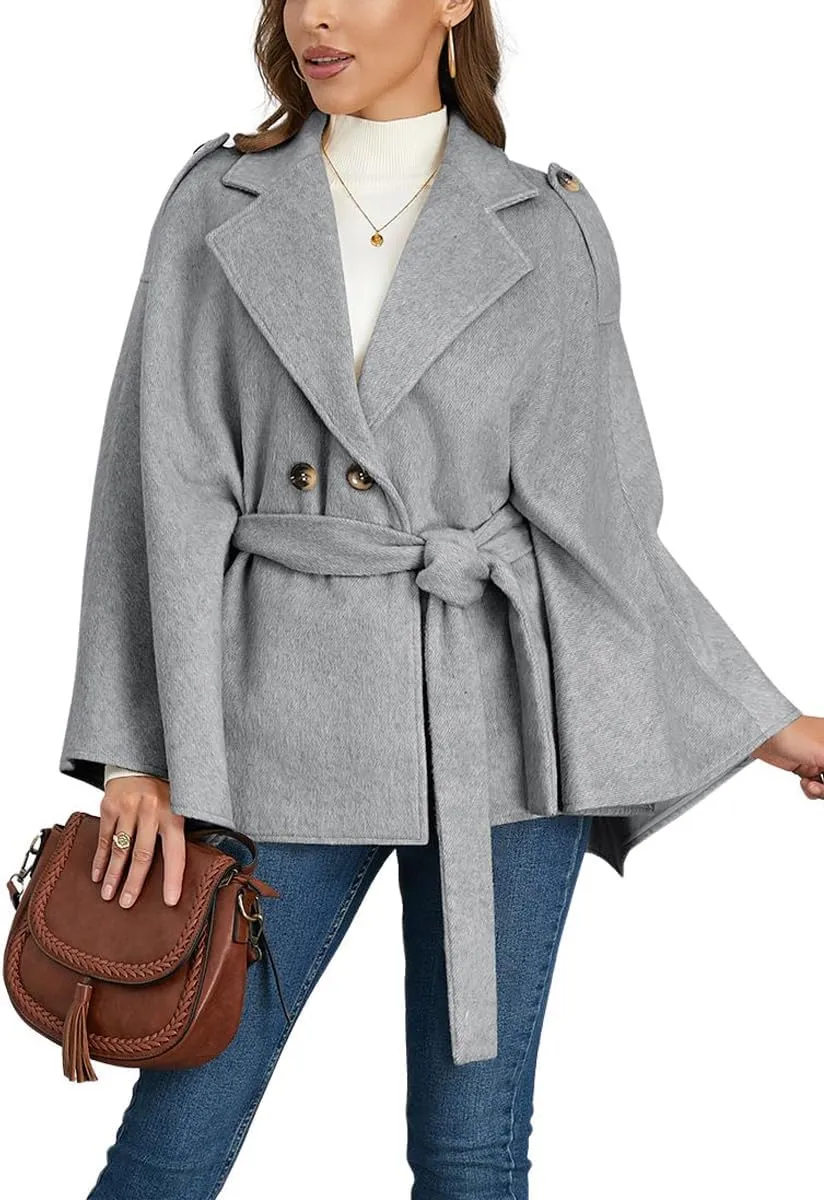 chouyatou Women's Winter Poncho Wool Coat Double Breasted Casual Loose Wool Blend Cape Cloak Coat