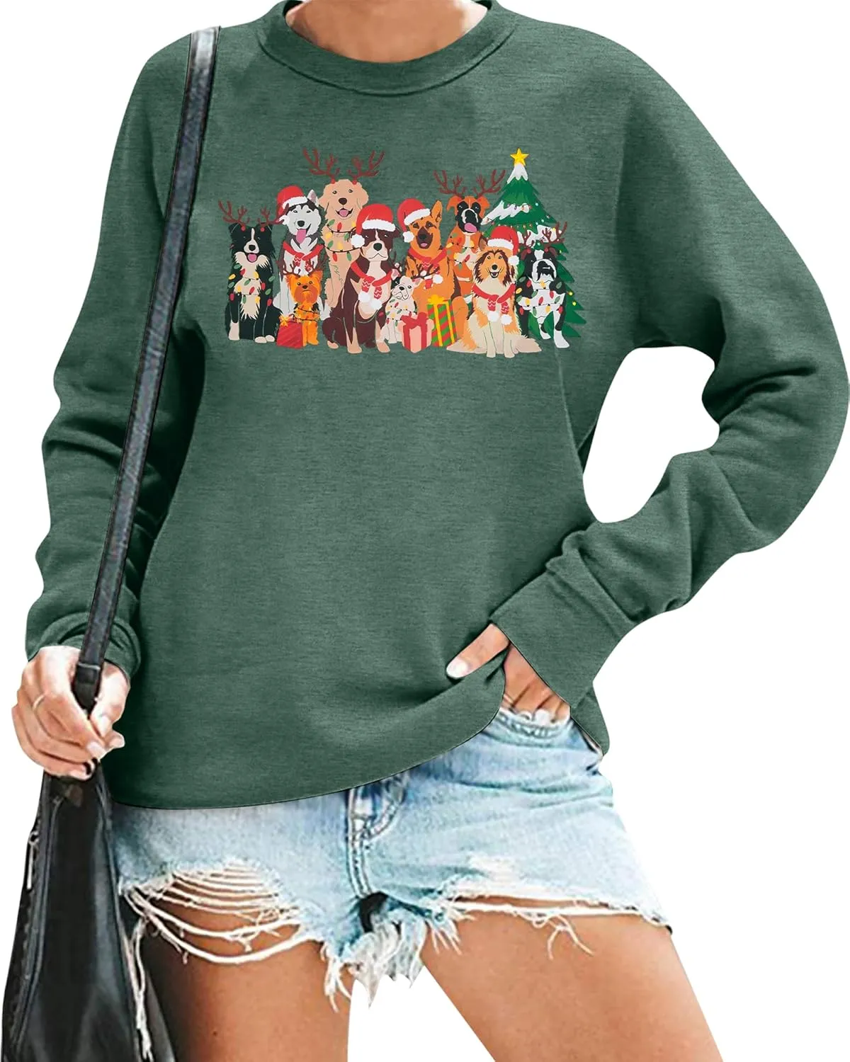 Christmas Dog Sweatshirt Women Cute Dog Graphic Long Sleeve Shirt Doggy Lovers Crewneck Pullover Tops