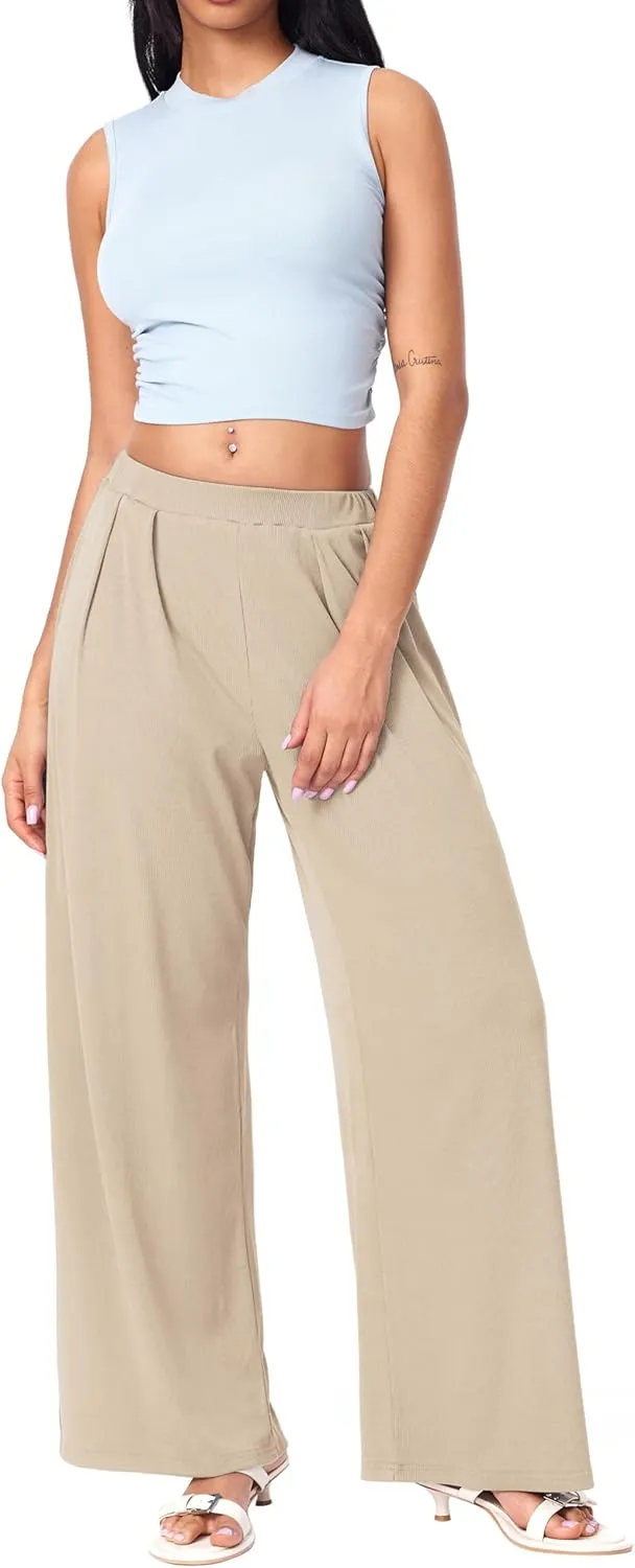 CIDER Wide Leg Palazzo Pants for Women with Pockets Elastic Business Causal Pants Women Summer for Beach Travel Trousers