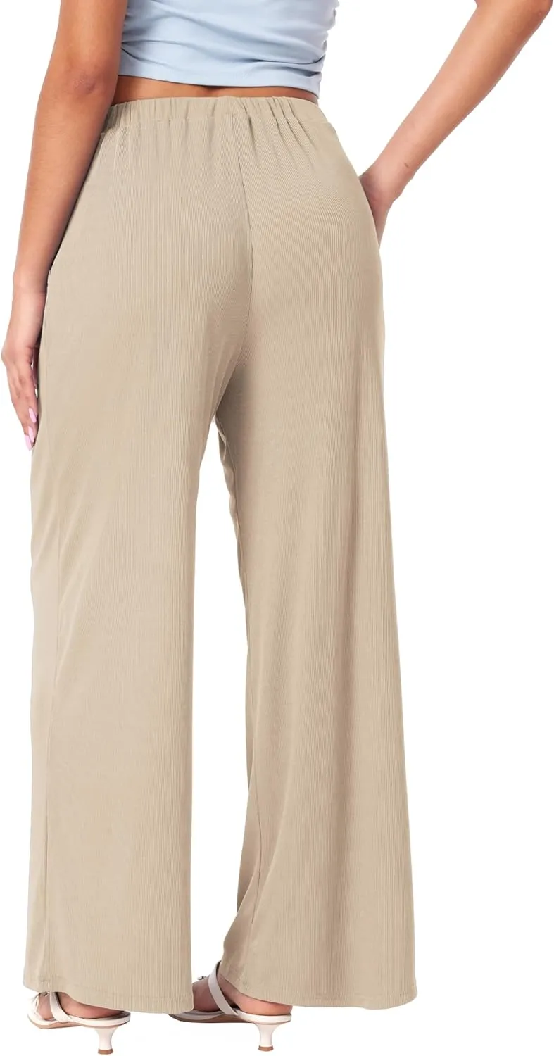 CIDER Wide Leg Palazzo Pants for Women with Pockets Elastic Business Causal Pants Women Summer for Beach Travel Trousers