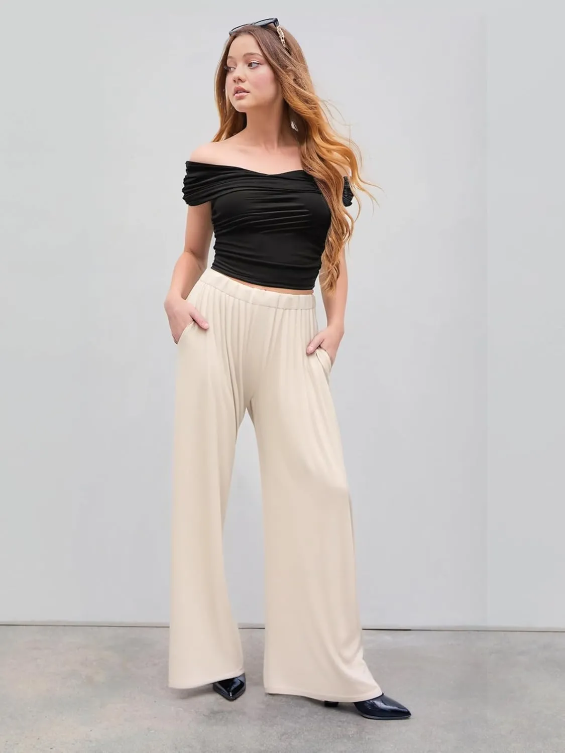 CIDER Wide Leg Palazzo Pants for Women with Pockets Elastic Business Causal Pants Women Summer for Beach Travel Trousers