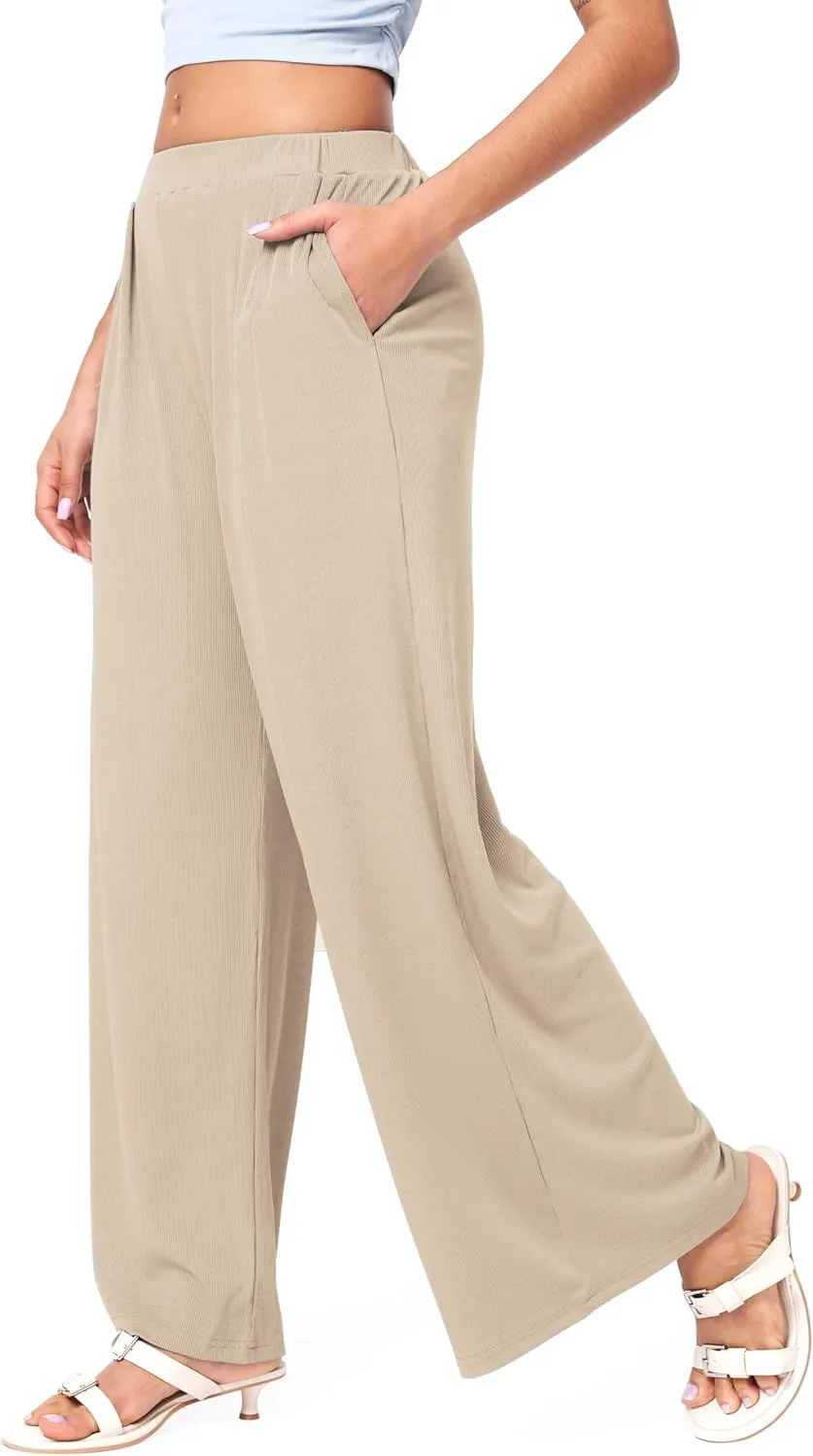 CIDER Wide Leg Palazzo Pants for Women with Pockets Elastic Business Causal Pants Women Summer for Beach Travel Trousers