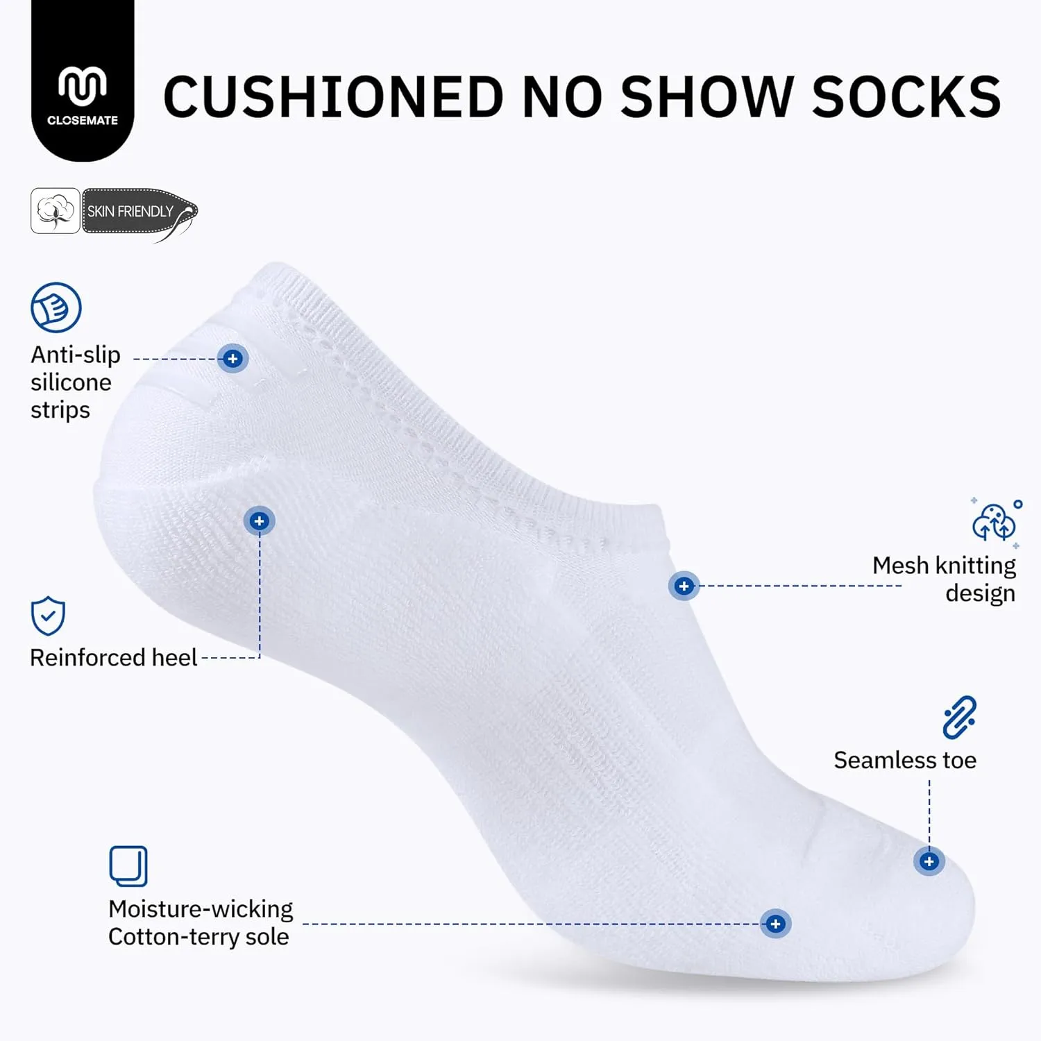 CLOSEMATE No Show Ankle Socks for Women Cushioned Low Cut Non Slip with Silicone Grips for Running 6 Pairs