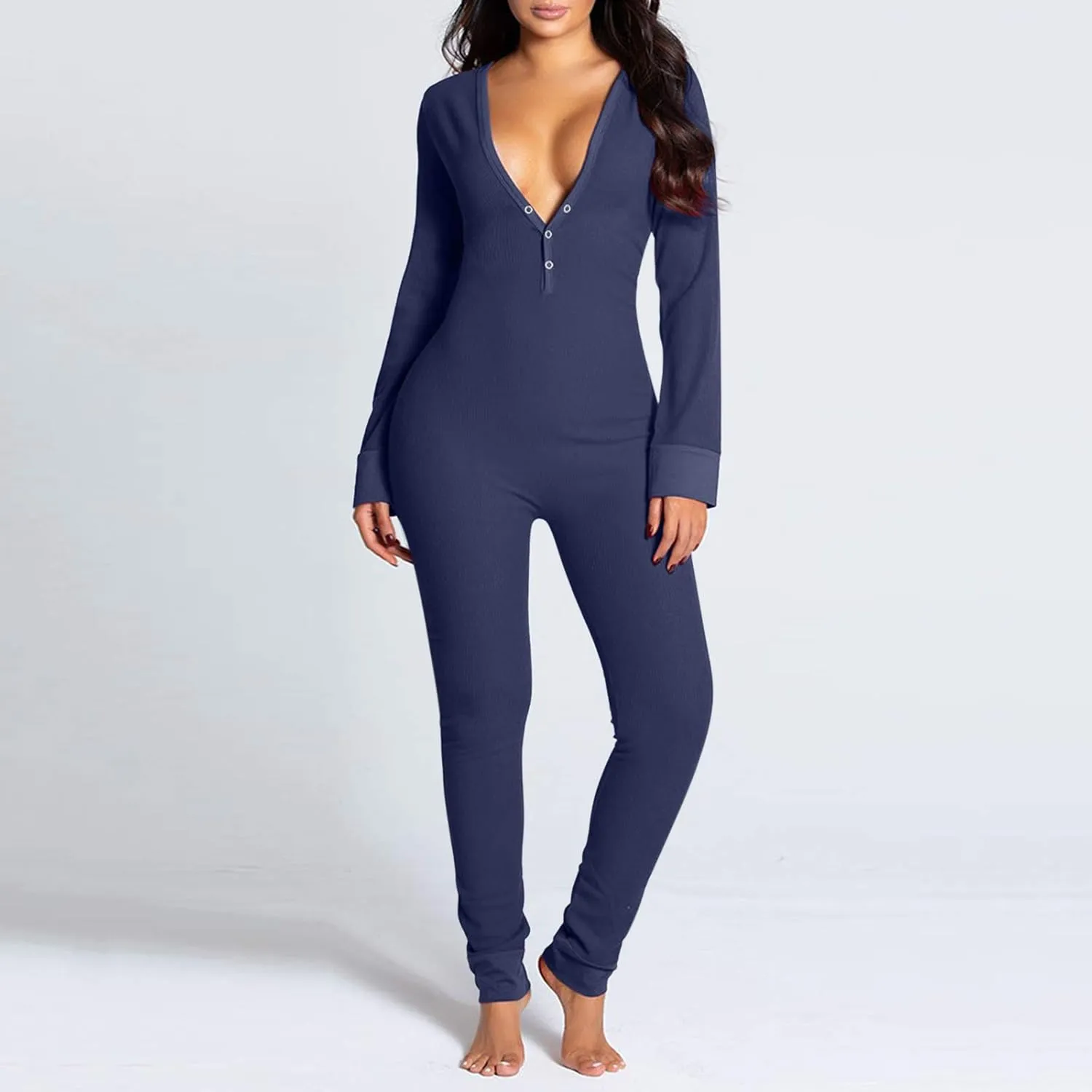 cochineal Women V Neck Long Sleeve Jumpsuit Heart Print Button Down Bodysuit Sexy Bodycon Bow Pajamas One Piece Sleepwear