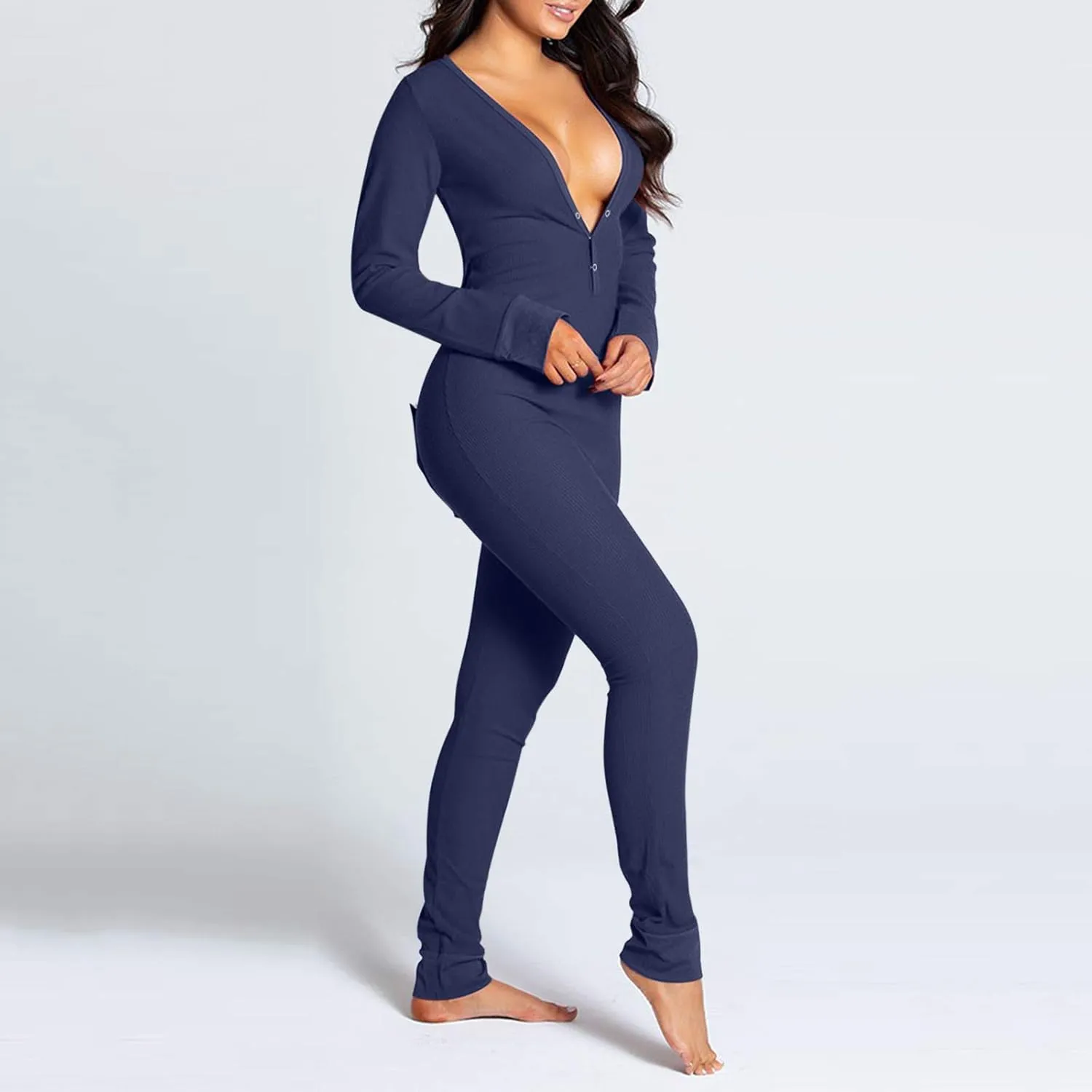 cochineal Women V Neck Long Sleeve Jumpsuit Heart Print Button Down Bodysuit Sexy Bodycon Bow Pajamas One Piece Sleepwear