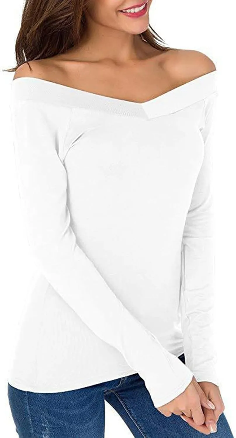 Cold Shoulder Tops for Women Sexy Slim Fit V Neck Long Sleeve Tunic Tee Blouse Trendy Solid Color Dressy Tight Shirts