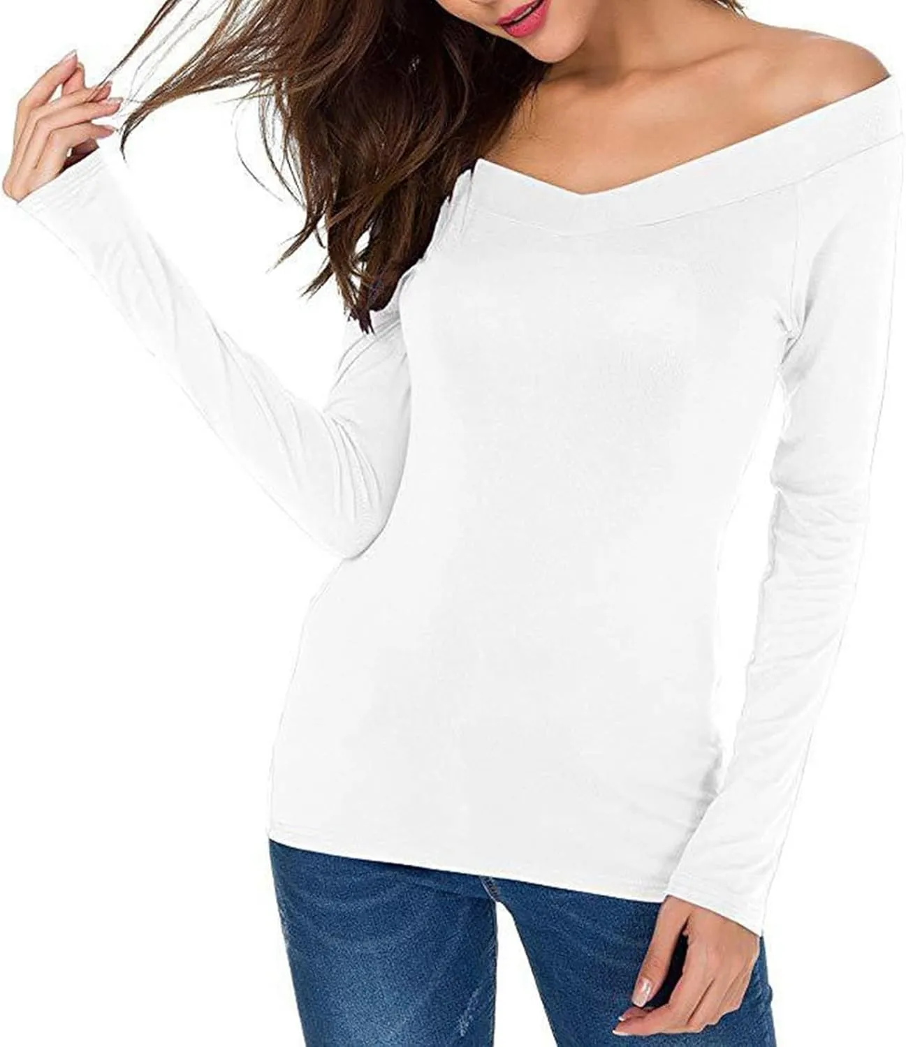 Cold Shoulder Tops for Women Sexy Slim Fit V Neck Long Sleeve Tunic Tee Blouse Trendy Solid Color Dressy Tight Shirts