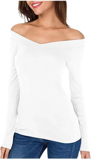 Cold Shoulder Tops for Women Sexy Slim Fit V Neck Long Sleeve Tunic Tee Blouse Trendy Solid Color Dressy Tight Shirts