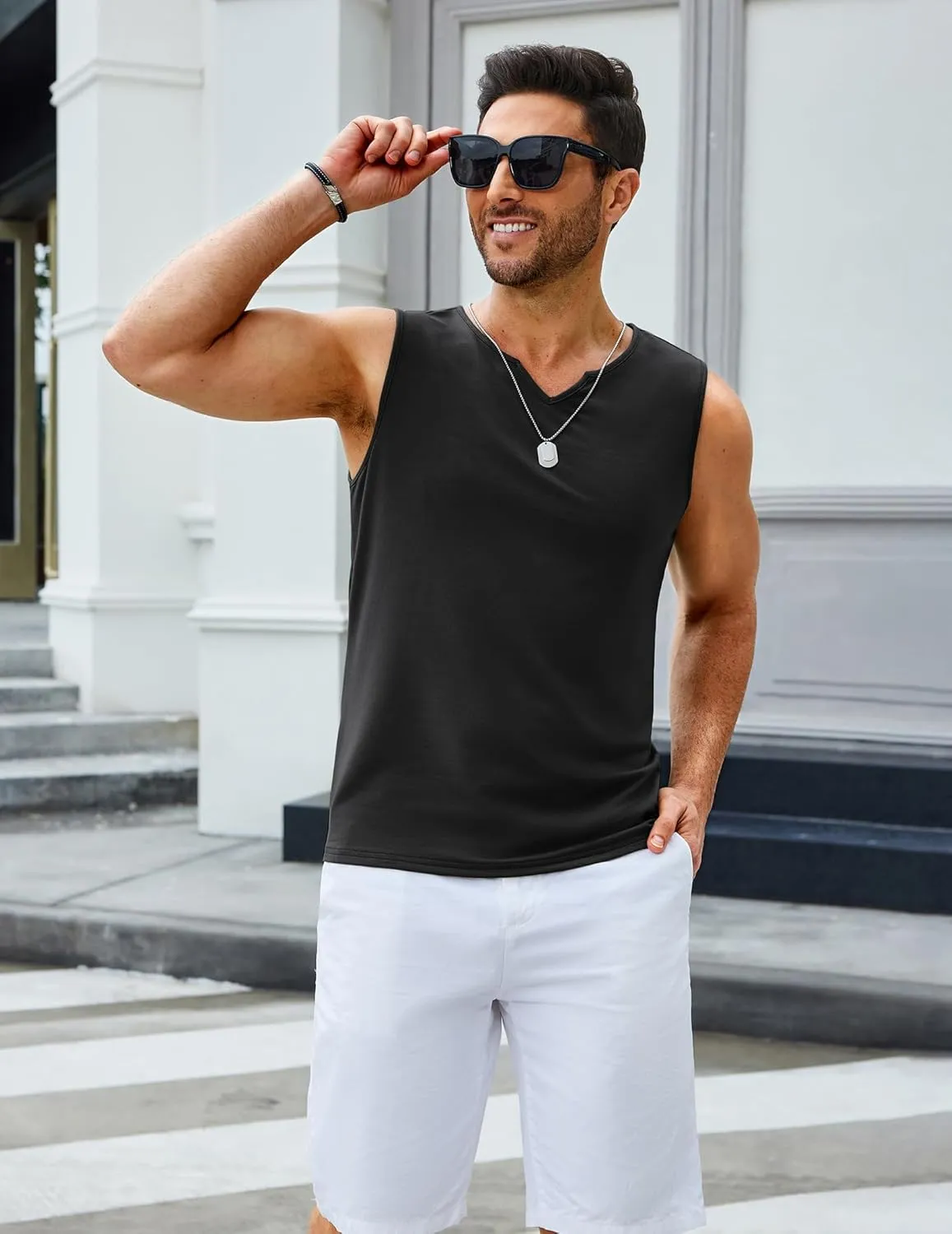 COOFANDY Casual Sleeveless Shirts for Men Cotton V Neck Tank Tops Summer 2 Pack Workout Gym Muscle Tee