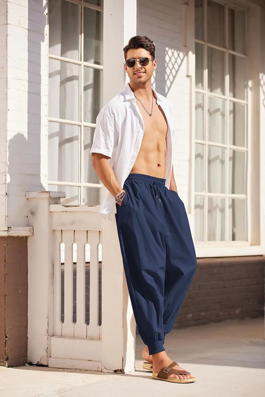 COOFANDY Men Hippie Harem Pants Baggy Linen Cotton Boho Yoga Pants Summer Beach Pants Casual Drop Crotch Trouser