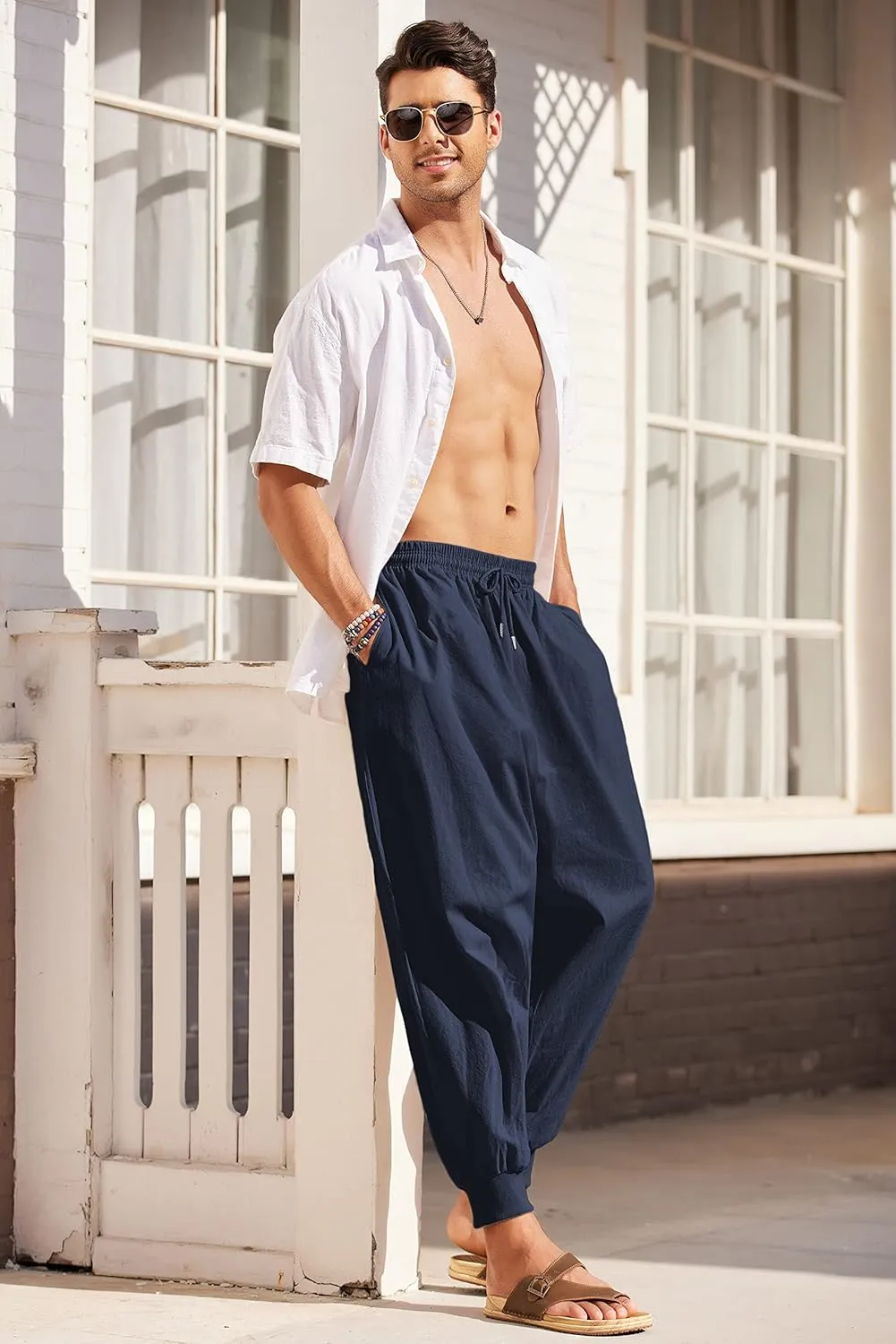 COOFANDY Men Hippie Harem Pants Baggy Linen Cotton Boho Yoga Pants Summer Beach Pants Casual Drop Crotch Trouser