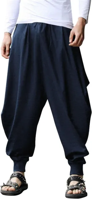 COOFANDY Men Hippie Harem Pants Baggy Linen Cotton Boho Yoga Pants Summer Beach Pants Casual Drop Crotch Trouser