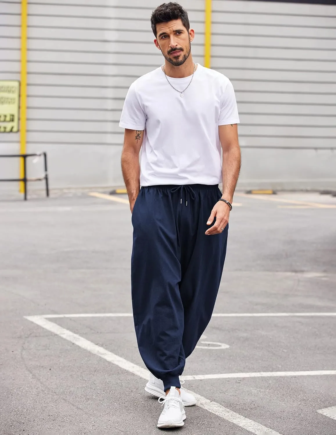 COOFANDY Men Hippie Harem Pants Baggy Linen Cotton Boho Yoga Pants Summer Beach Pants Casual Drop Crotch Trouser