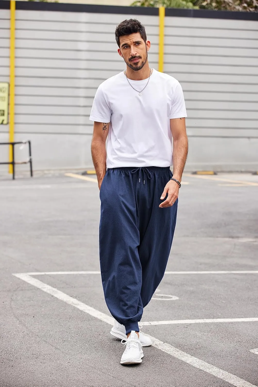 COOFANDY Men Hippie Harem Pants Baggy Linen Cotton Boho Yoga Pants Summer Beach Pants Casual Drop Crotch Trouser