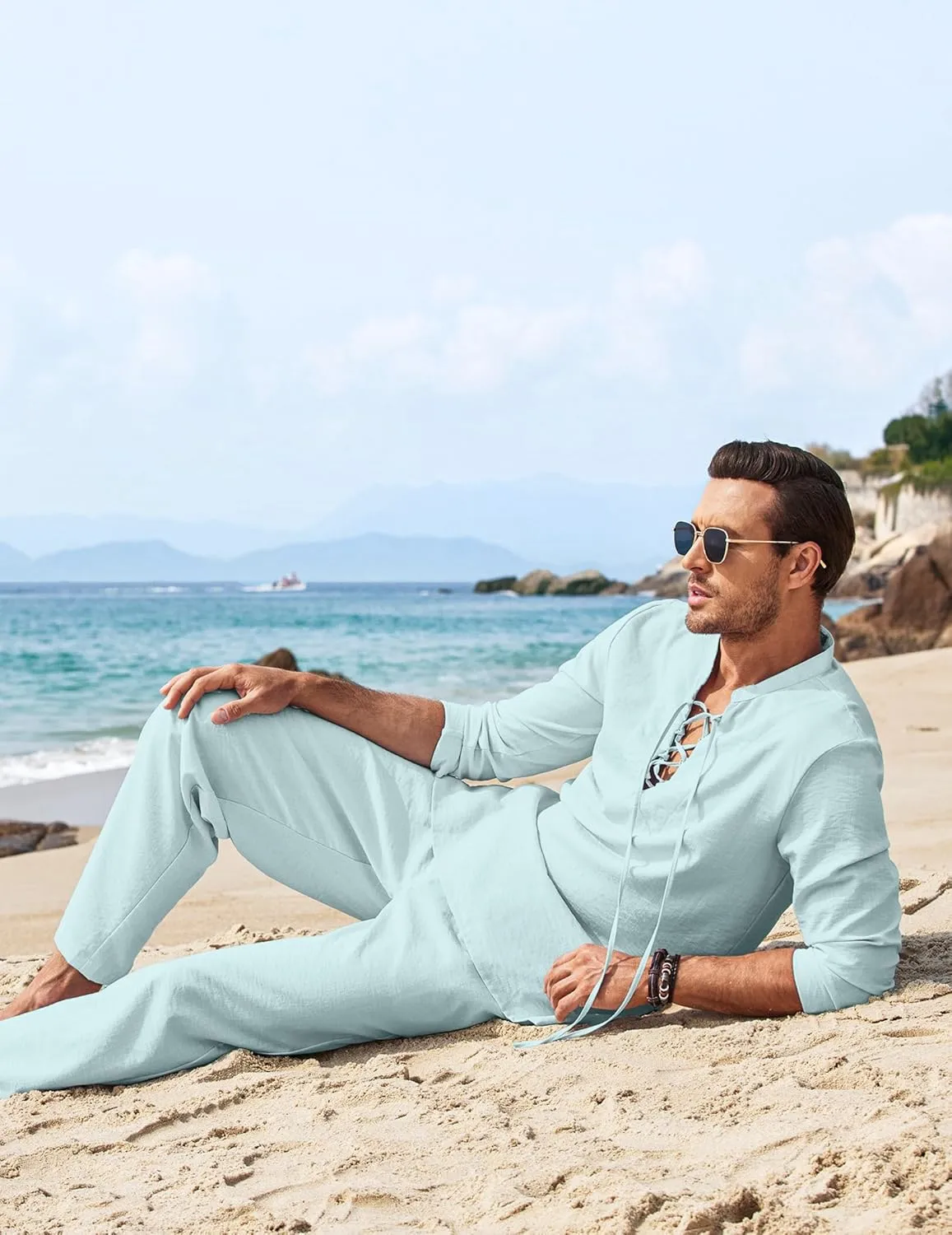 COOFANDY Men's 2 Piece Linen Set Long Sleeve Henley Shirts Casual Beach Pants With Pockets Summer Yoga Outfits