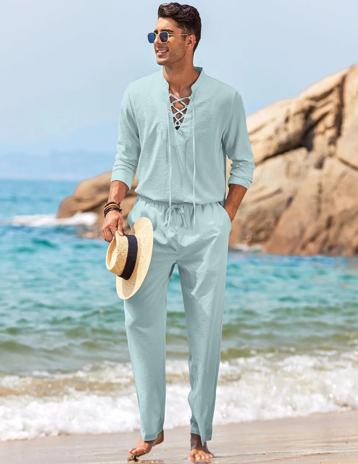 COOFANDY Men's 2 Piece Linen Set Long Sleeve Henley Shirts Casual Beach Pants With Pockets Summer Yoga Outfits