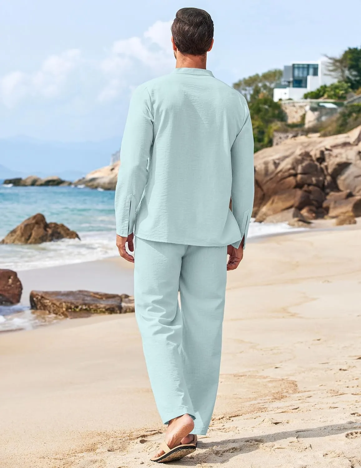 COOFANDY Men's 2 Piece Linen Set Long Sleeve Henley Shirts Casual Beach Pants With Pockets Summer Yoga Outfits
