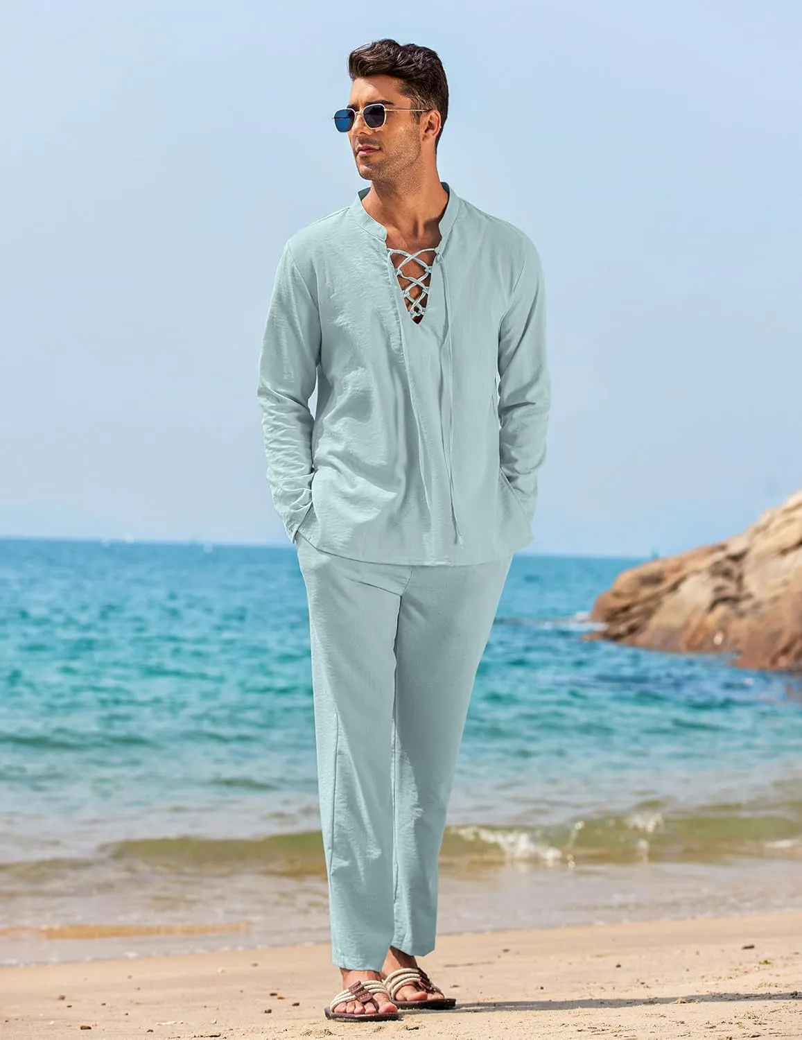COOFANDY Men's 2 Piece Linen Set Long Sleeve Henley Shirts Casual Beach Pants With Pockets Summer Yoga Outfits