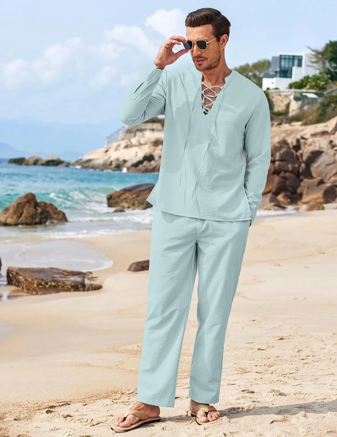 COOFANDY Men's 2 Piece Linen Set Long Sleeve Henley Shirts Casual Beach Pants With Pockets Summer Yoga Outfits