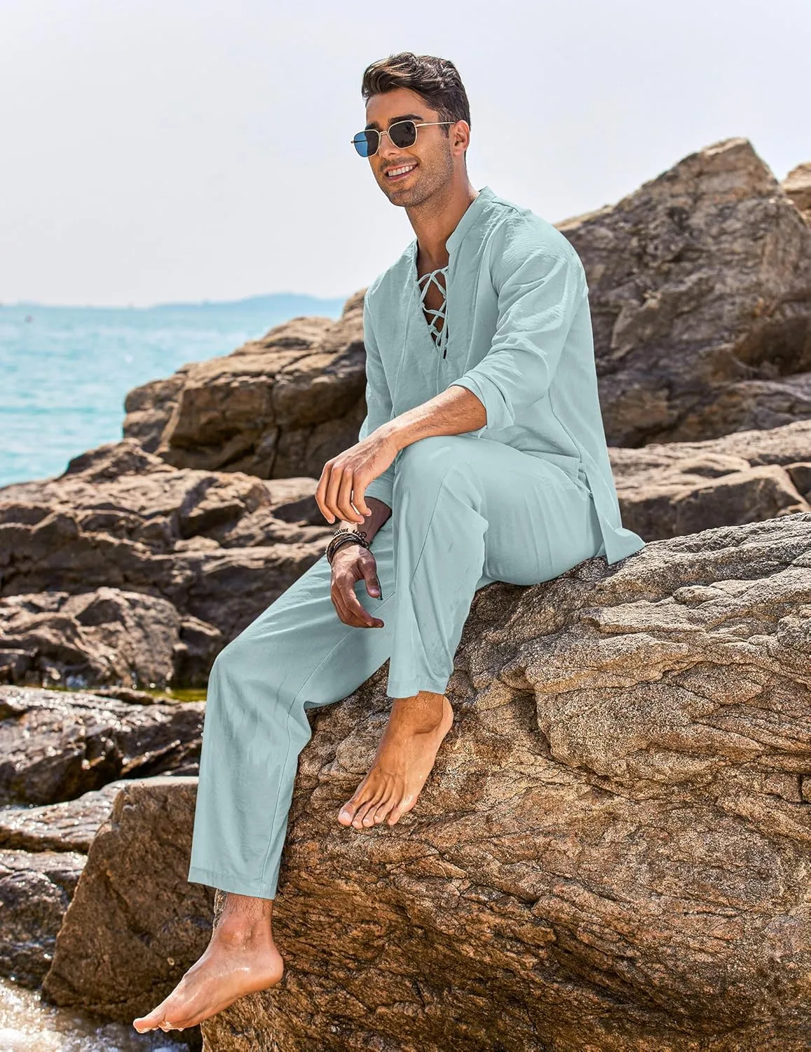 COOFANDY Men's 2 Piece Linen Set Long Sleeve Henley Shirts Casual Beach Pants With Pockets Summer Yoga Outfits