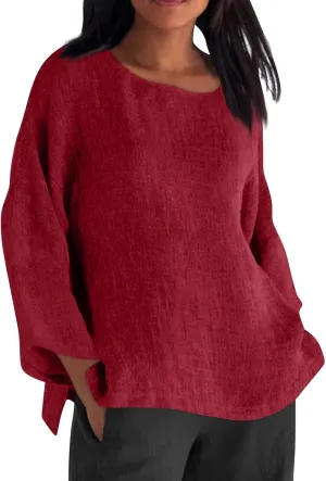 Cotton Linen Shirts for Women Long Sleeve Shirt Round Neck Casual Tunic Tops Basic Split Shirts Loose Fit 2025