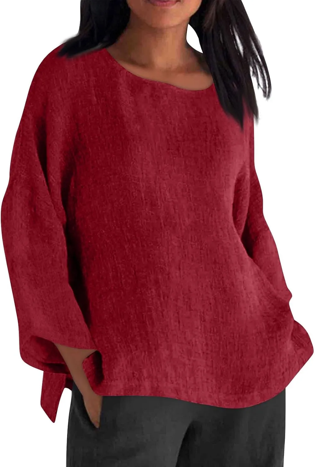 Cotton Linen Shirts for Women Long Sleeve Shirt Round Neck Casual Tunic Tops Basic Split Shirts Loose Fit 2025