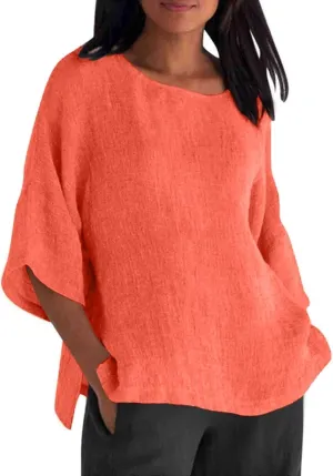 Cotton Linen Shirts for Women Summer Casual Crewneck Pullover Tops Comfy Loose Women's Short Sleeve T Shirt